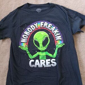 Men's DOM Alien "Nobody Freakin' Cares" Rainbow Graphic T-Shirt (Size S)